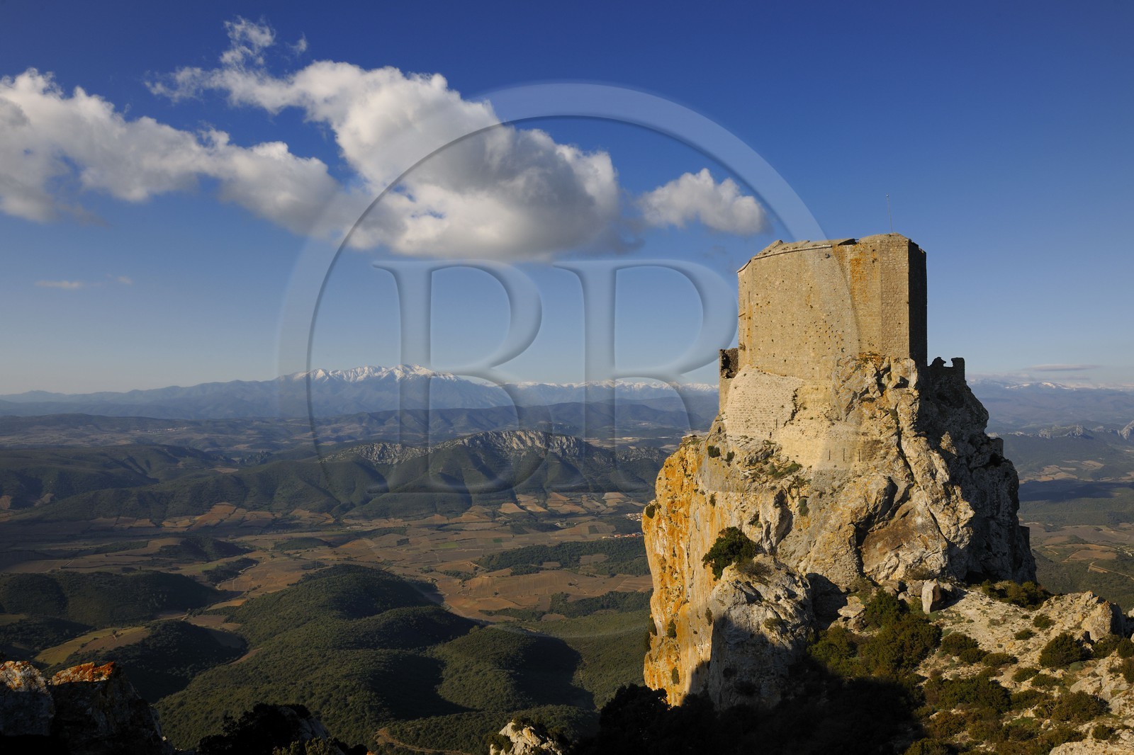 France, Aude (11), Pays Cathare, le château de Quéribus, devant la plaine de Maury et le Mont Canigou (2784 m) dominant la chaine des Pyrénées