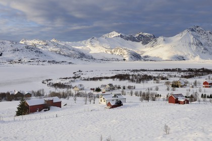 Norvège, Nordland, Iles Lofoten, fermes dans l'ile de Vestvagoy en hiver