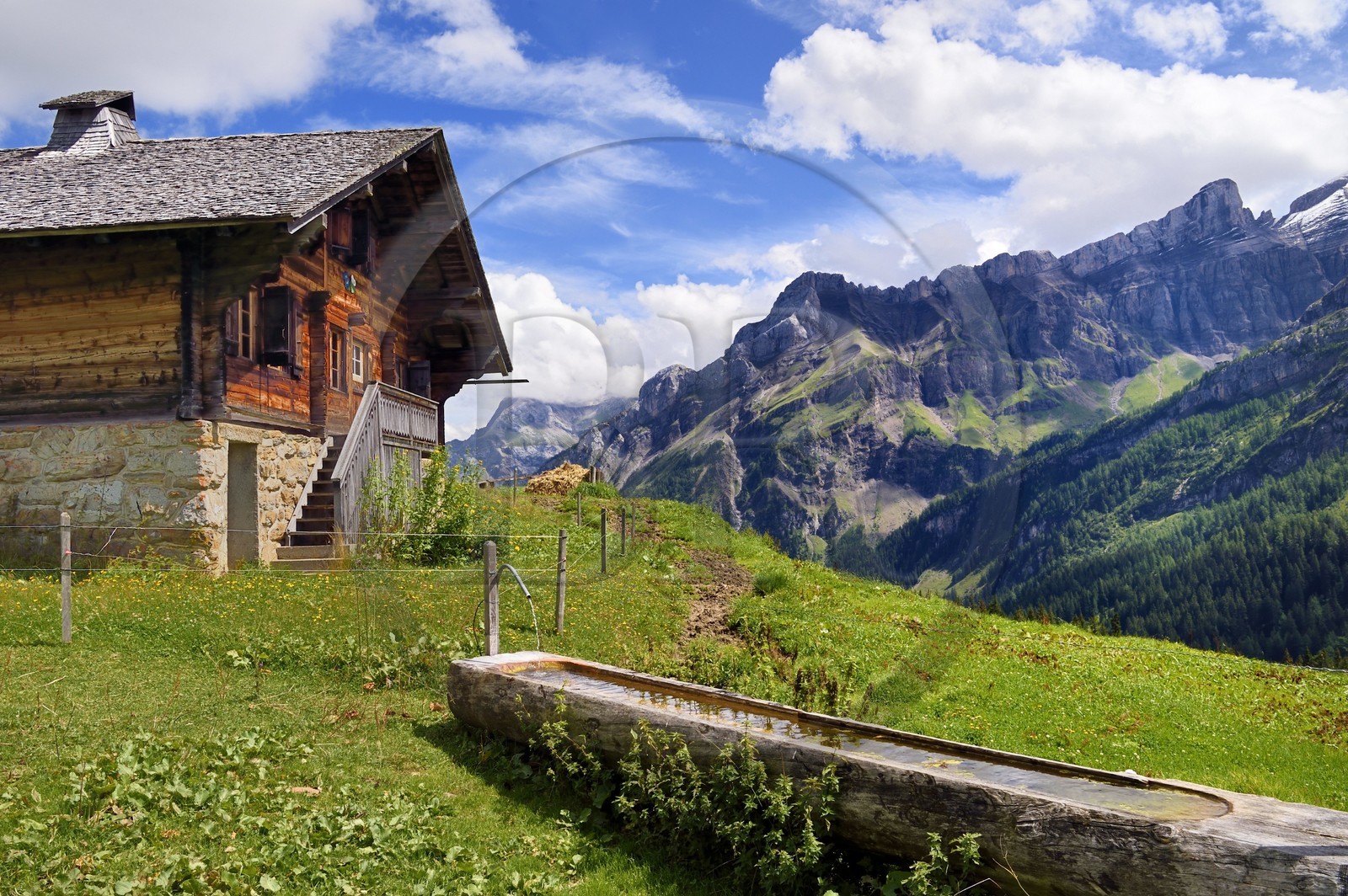 Suisse, Canton de Vaud, Ormont-Dessus, Les Diablerets, ferme vers le lac Retaud au dessus du Col du Pillon et la montagne de Schluchhorn en arrière plan