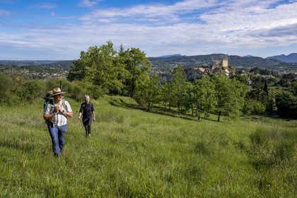 France, Vaucluse (84), Dentelles de Montmirail, Vaison-la-Romaine, randonneurs devant le chateau des Comtes de Toulouse construit au XIIe siècle au sommet de la cité médiévale