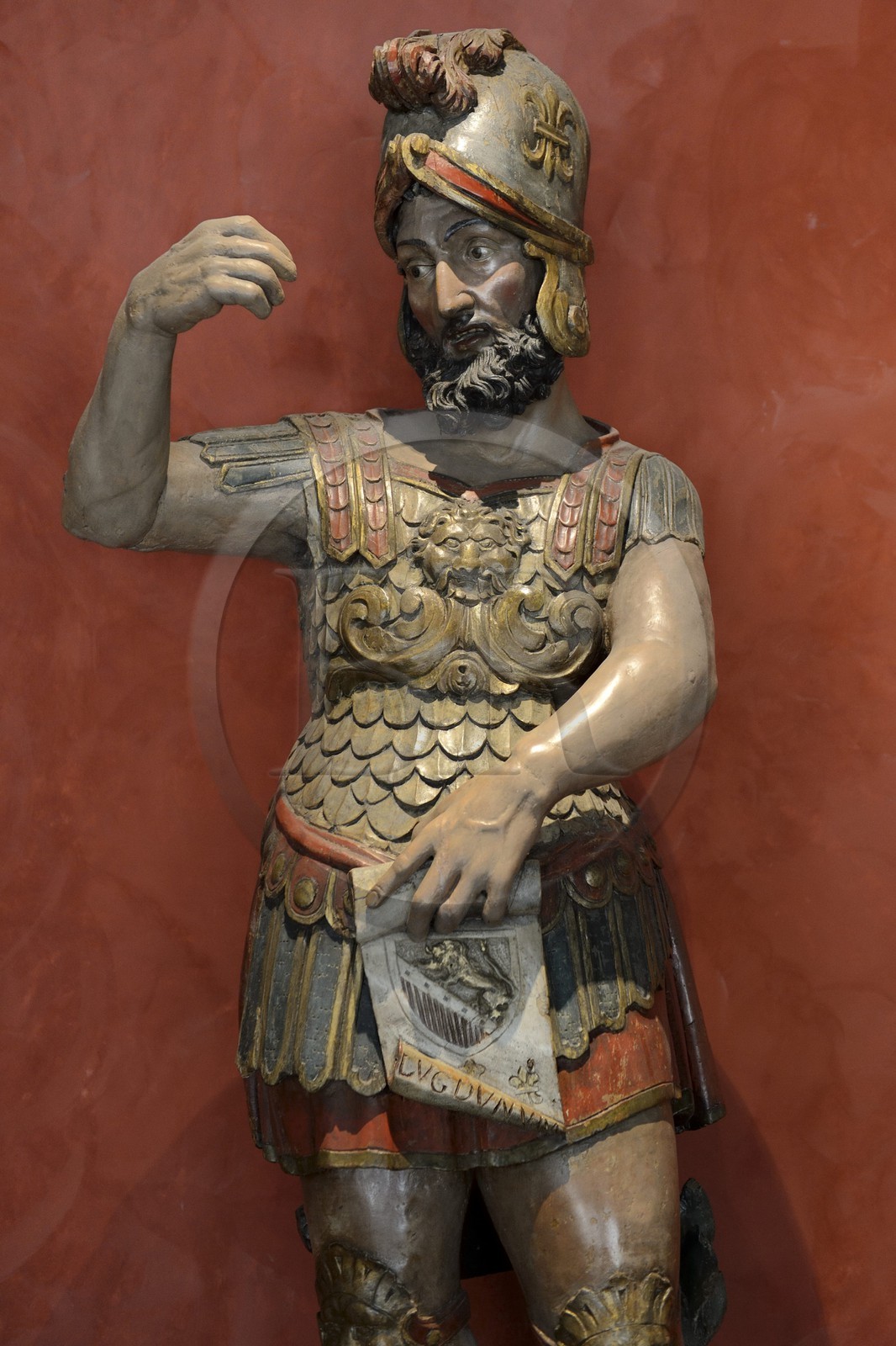 France, Rhône (69), Lyon, site historique classé Patrimoine Mondial de l'UNESCO, Vieux Lyon, musées Gadagne, Musée d'histoire de la ville de Lyon, personnage vétu à l'antique avec inscription Lugdunum (fin XVIIème siècle)