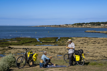 France, Loire-Atlantique (44), Préfailles, pique-nique en bordure de la vélodyssée longeant l'océan et la Pointe Saint Gildas en arrière plan