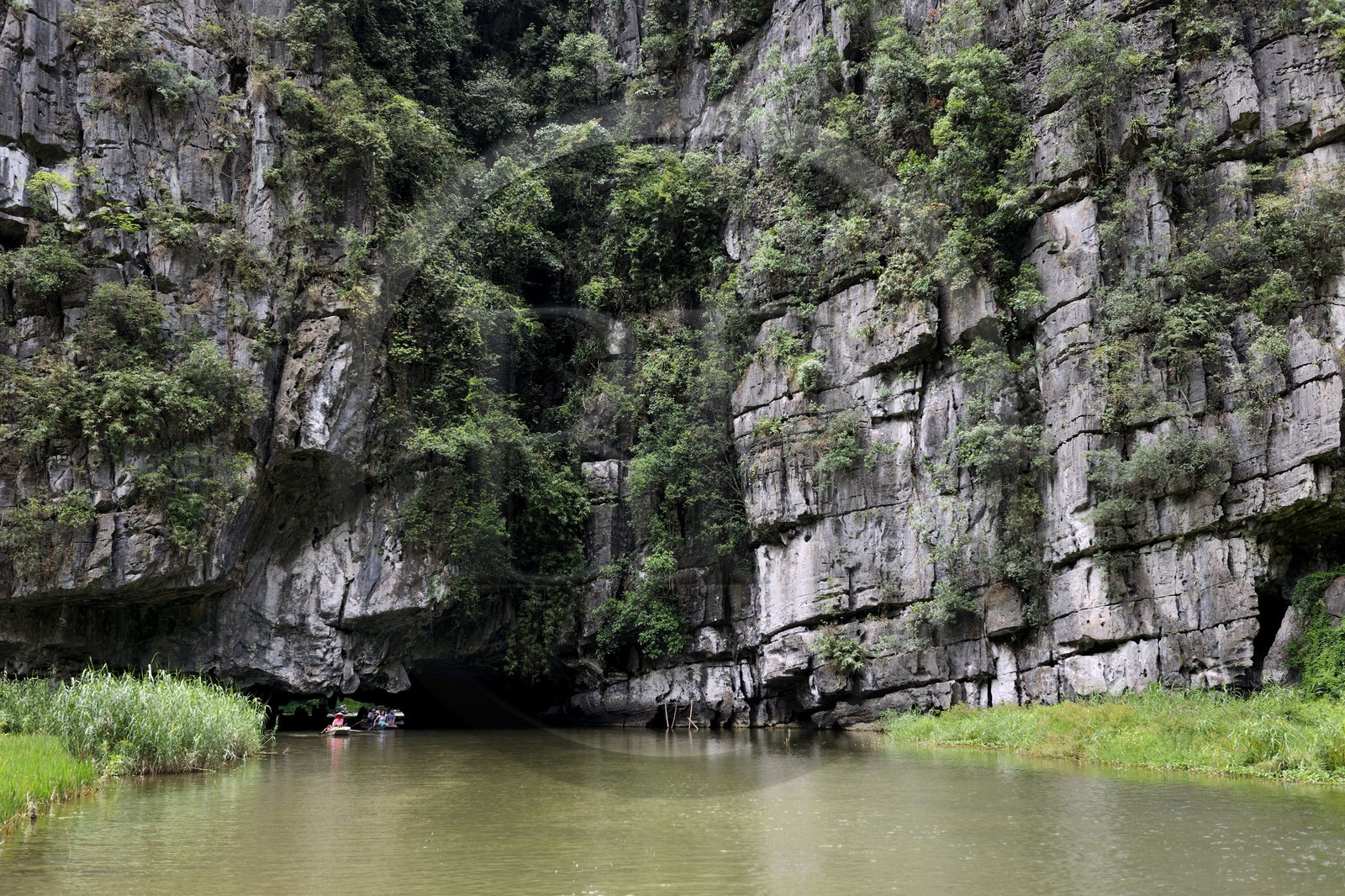 Vietnam, province de Ninh Binh, région surnommée la baie d'Halong terrestre, excursion en barque à Tam Coc entouré de paysages karstiques, passage d'une des trois grottes naturelles crées par la rivière