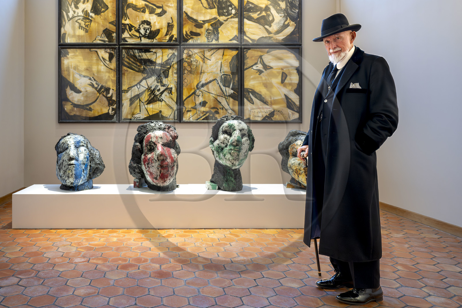 France, Paris (75), Musée Maillol, le peintre et sculpteur allemand Markus Lüpertz lors de son exposition en dialogue avec l'oeuvre d'Aristide Maillol,  bronzes peints et technique mixte sur papier