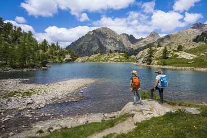 France, Alpes-Maritimes (06), parc national du Mercantour, Haute-Vésubie, Saint-Martin-Vésubie, Val du Haut Boréon, randonneurs au lac de Trécolpas (2150m), le Mont Pelago à gauche et la Cime Guilié (2999m) à droite en arrière-plan