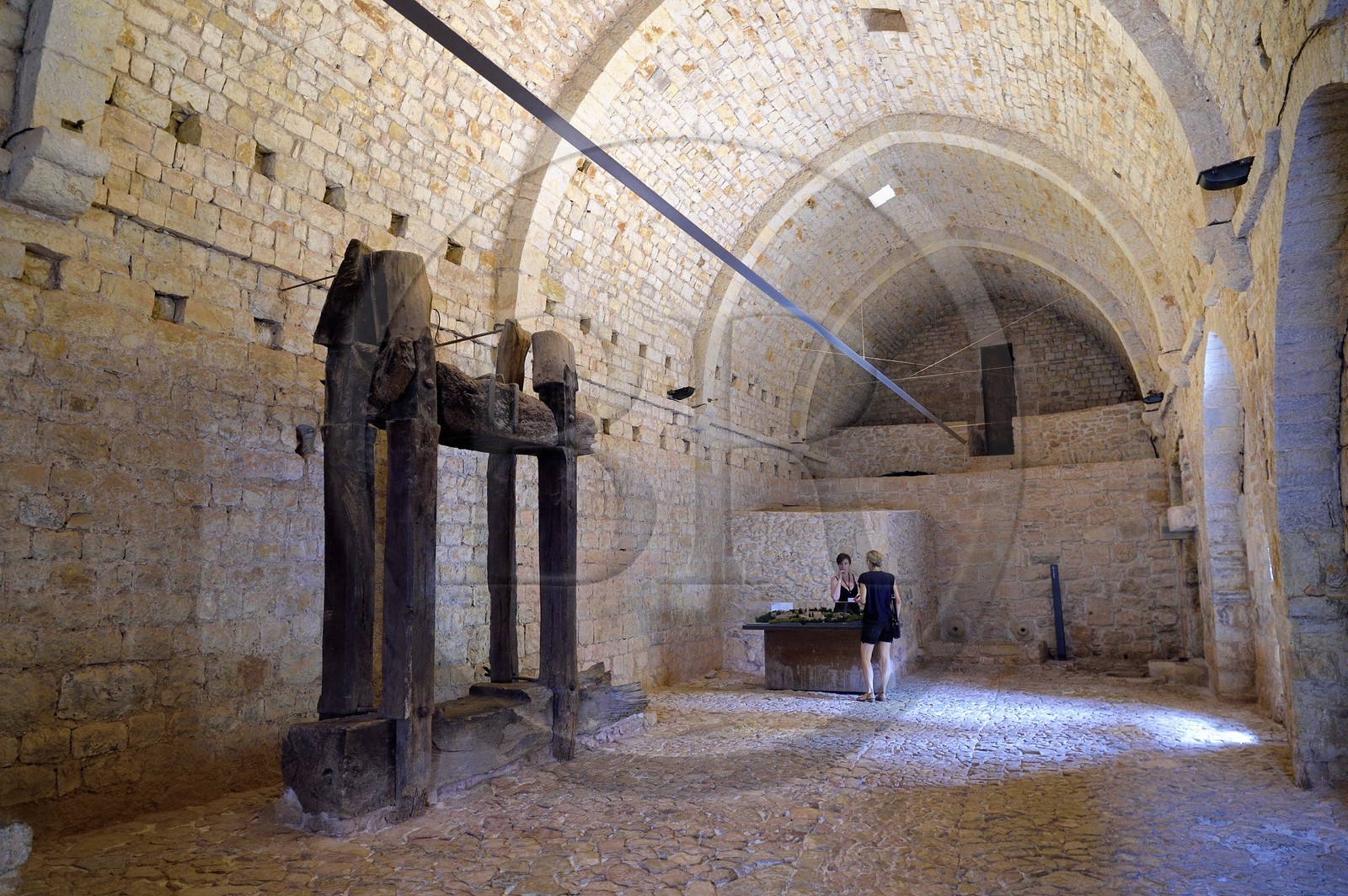 France, Var (83), Abbaye cistercienne du Thoronet, vestiges du pressoir à raisin dans le cellier