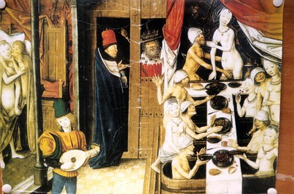 Belgique, Flandre-Occidentale, Bruges (Brugge), peinture représentant un bordel de la ville au moyen-âge