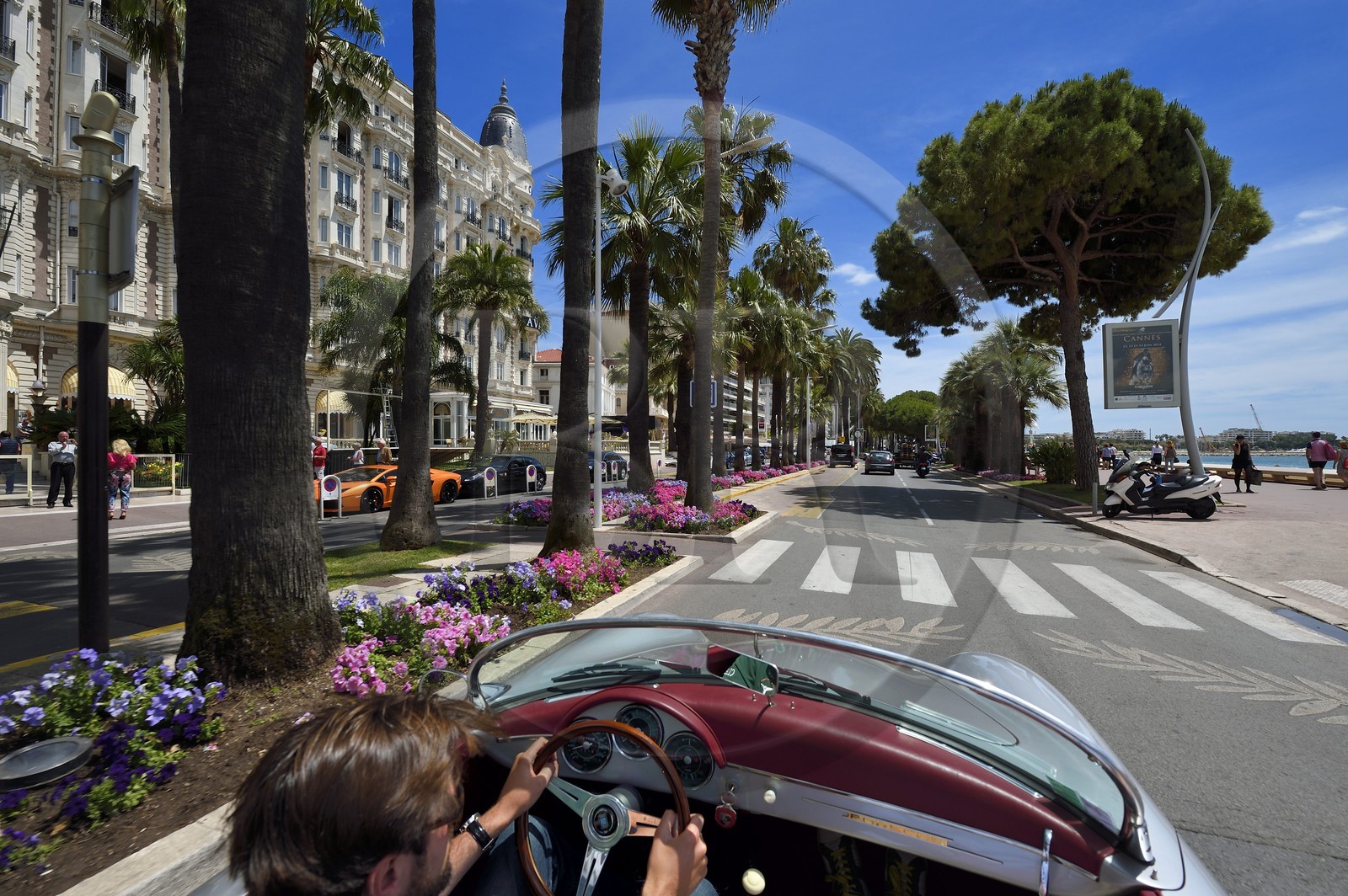 France, Alpes-Maritimes (06), Cannes, le palace du Carlton sur le boulevard de la Croisette, à bord d'une Porsche Speedster 356 décapotable de collection
