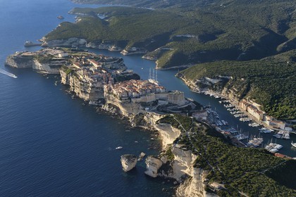 France, Corse-du-Sud (2A), Bonifacio, les falaises calcaires, la citadelle et la vieille ville, le rocher appelé Grain de Sable au premier plan (vue aérienne)