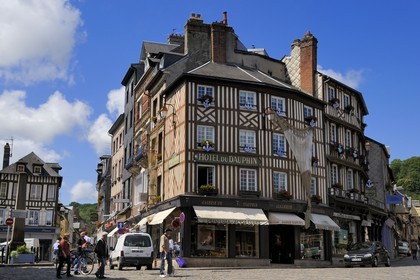 France, Calvados (14), Honfleur, maisons traditionnelles à colombages dans la rue du Dauphin