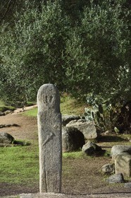 France, Corse-du-Sud (2A), site préhistorique de Filitosa, statue menhir représentant des personnages armés