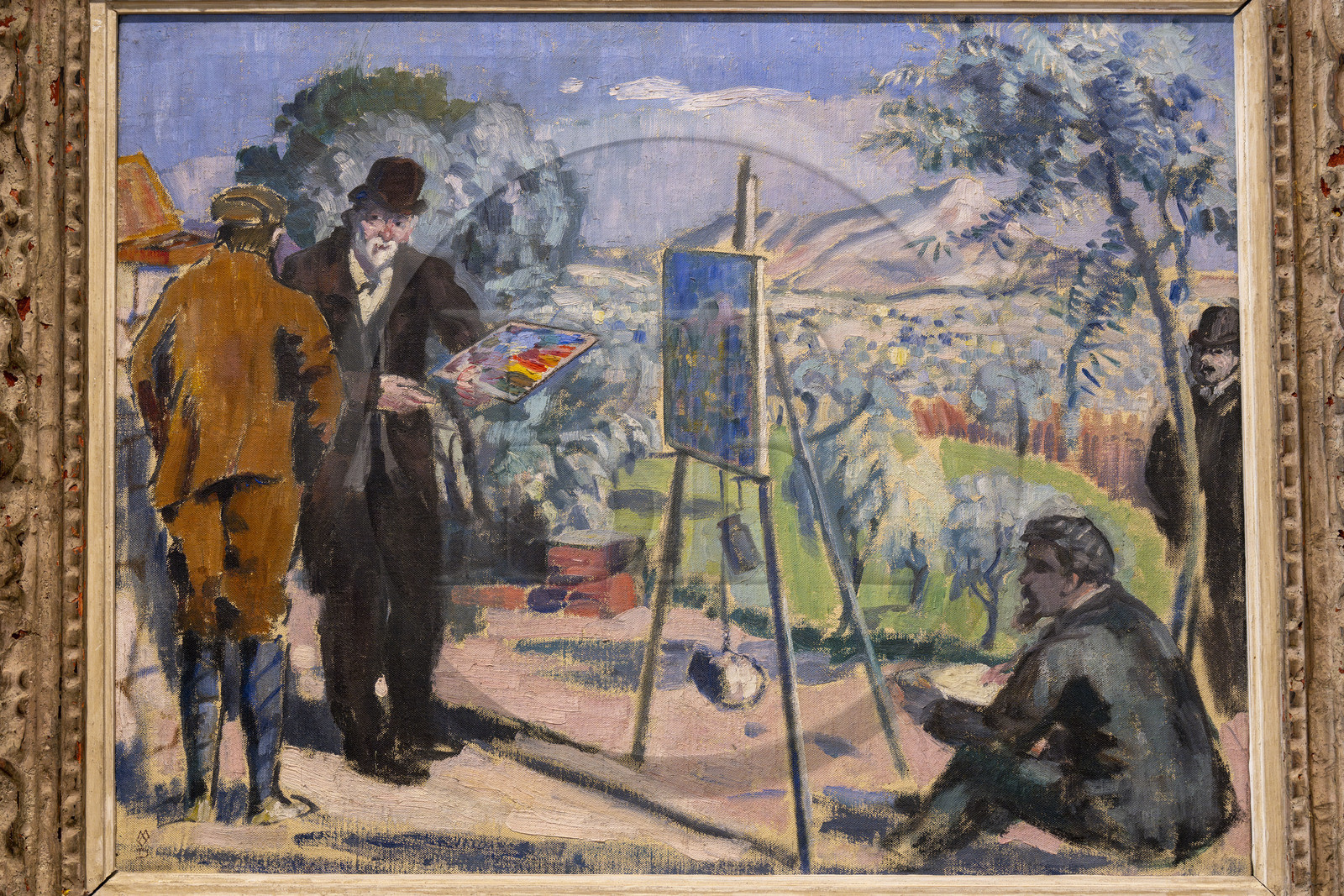 France, Bouches-du-Rhône (13), Aix en Provence, musée Granet, la Visite à Cezanne (1906) de Maurice Denis, Cezanne représenté sur ce qui est aujourd'hui le terrain des Peintres, ses tableaux les plus célèbres ont été peints depuis ce panorama sur la montagne Sainte-Victoire depuis la colline des Lauves