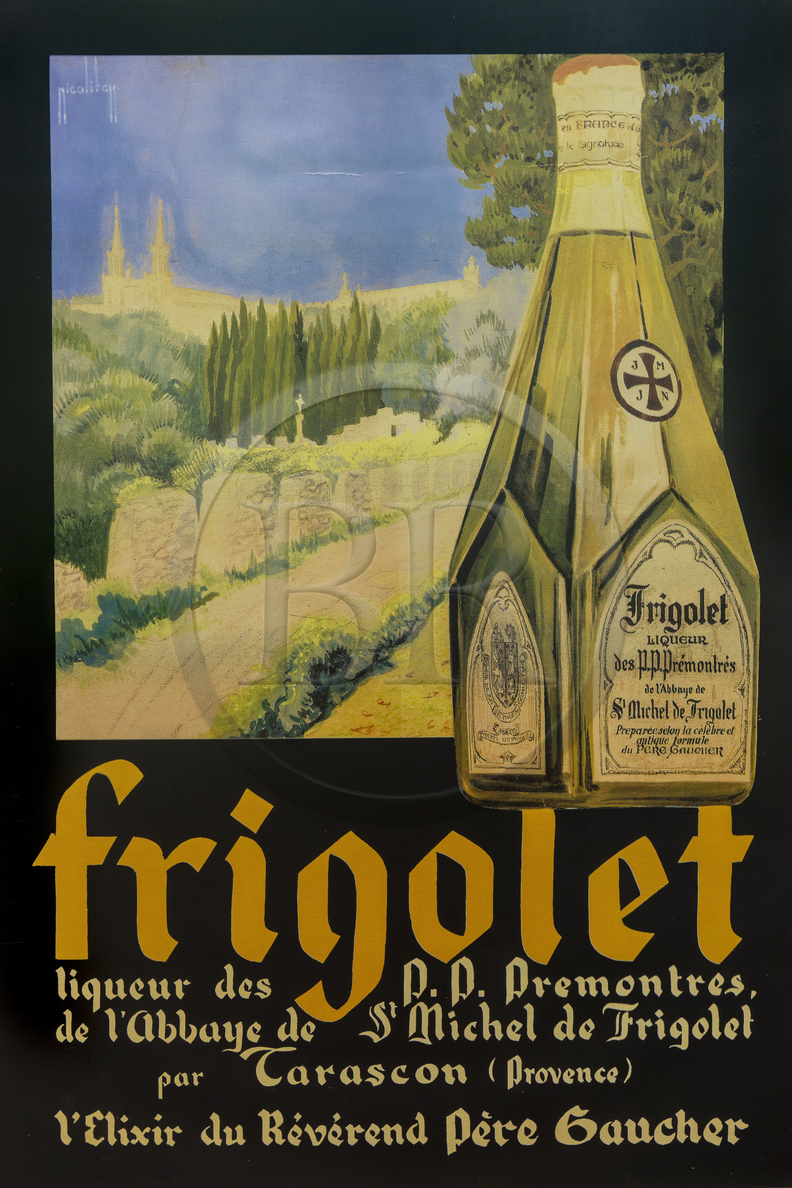 France, Bouches-du-Rhône (13), Parc Naturel Régional des Alpilles, Saint-Rémy-de-Provence, musée des Alpilles, ancienne affiche publicitaire des années 1930 pour la liqueur Frigolet de Abbaye Saint Michel de Frigolet