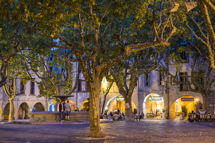 France, Gard (30), Uzès, la Place aux Herbes entourée de maisons à arcades et ses terrasses de café