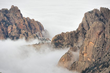 France, Corse-du-Sud (2A), Alta Rocca, sommets des monts à l'Est du col de Bavella émergeants des nuages