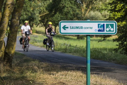 France, Maine-et-Loire (49), vallée de la Loire classée au Patrimoine Mondial par l'UNESCO, Saumur, randonnée à bicyclette sur les berges de la Loire, panneau de signalisation de La Loire à Vélo