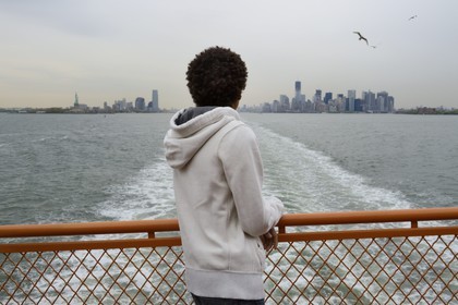 Etats-Unis, New York, pointe Sud de Manhattan, immeubles du Financial District, la Statue de la Liberté et One World Trade Center (1WTC) vu depuis le Staten Island Ferry
