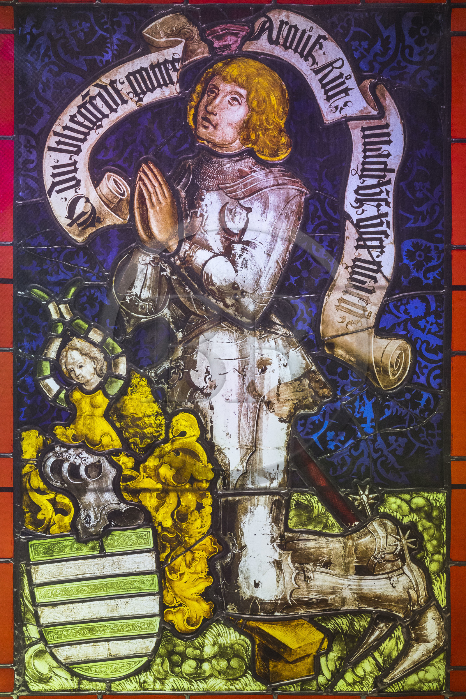 France, Bas-Rhin (67), Parc naturel régional des Vosges du Nord, Lembach, chateau de Fleckenstein, reproduction d'un vitrail de l'église Saint-Georges de Haguenau représentant Jacques 1er de Fleckenstein mort en 1514