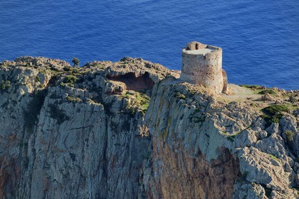 France, Corse-du-Sud (2A), Golfe de Porto, classé Patrimoine Mondial de l'UNESCO, le Capo Rosso et la Tour Génoise de Turghiu (Turghio) en arrière plan (vue aérienne)