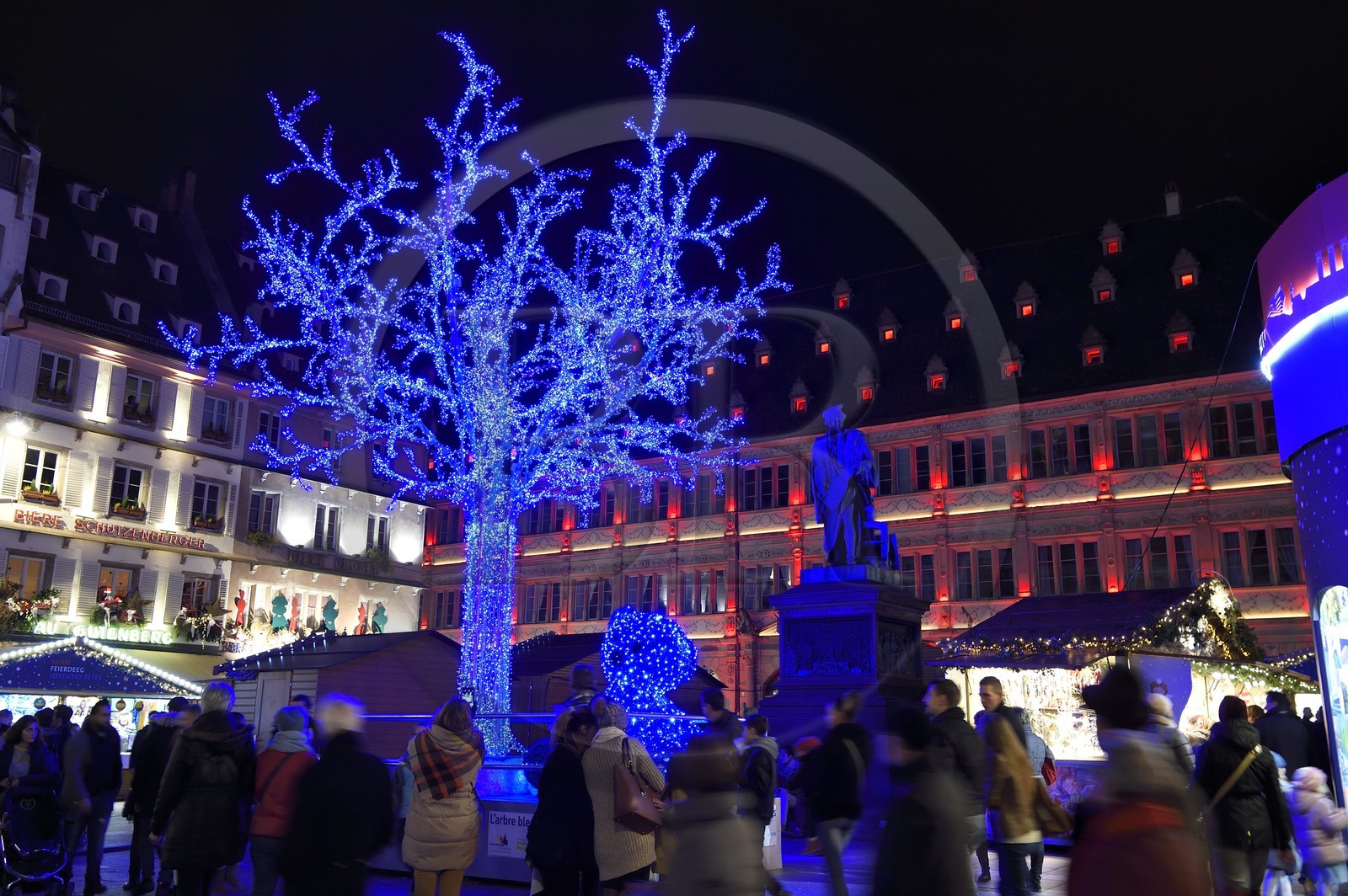 France, Bas-Rhin (67), Strasbourg, place Gutenberg, statue de Gutenberg et chambre de commerce en arrière plan, Illuminations de Noël, arbre éclairé avec des LED