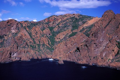 France, Corse-du-Sud (2A), bateau devant les porphyres rouges de la réserve naturelle de Scandola, classé Patrimoine Mondial de l'UNESCO
