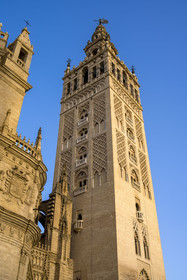 Espagne, Andalousie, Séville, quartier de Santa Cruz, la Giralda, ancien minaret almohade de la Grande Mosquée reconverti en clocher de la cathédrale, classé Patrimoine Mondial de l'UNESCO