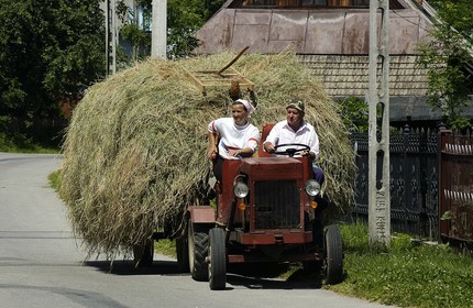 Pologne, Petite Pologne, Carpates, couple de paysans revenant des foins dans le village de Debno