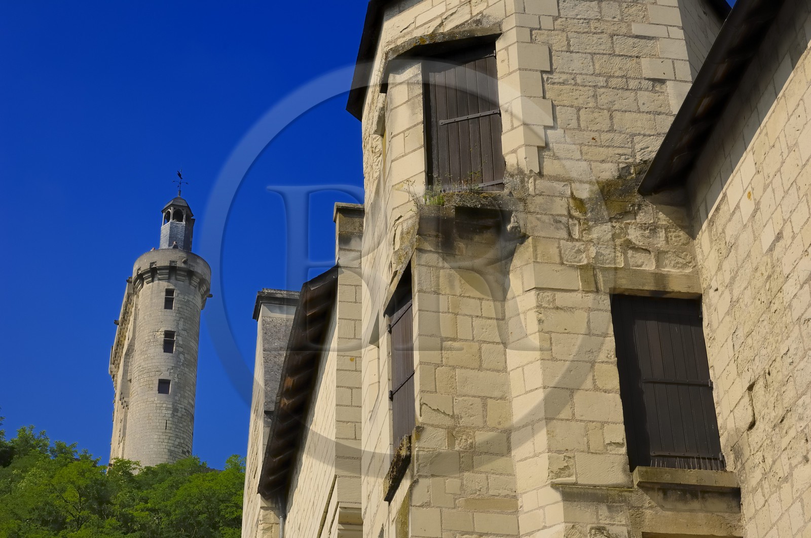 France, Indre et Loire (37), Vallée de la Loire classée Patrimoine Mondial de l'UNESCO, Chinon, l'Hôtel des Etats Généraux au Grand Carroi (rue Voltaire) et la tour de l'Horloge du château (musée Jeanne d'Arc)