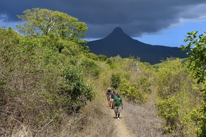 France, Ile de Mayotte, Grande-Terre, M'Tsamoudou, pointe de Saziley, randonneurs sur le sentier de grande randonnée faisant le tour de l'ile et le Mont Choungui en arrière plan