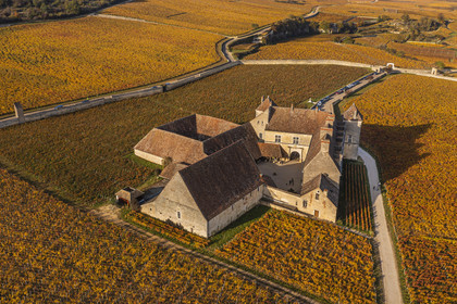 France, Côte-d'Or (21), Paysage culturel des climats de Bourgogne classés Patrimoine Mondial de l'UNESCO, Vougeot, Route des Grands Crus, le vignoble et le chateau du Clos de Vougeot (vue aérienne)