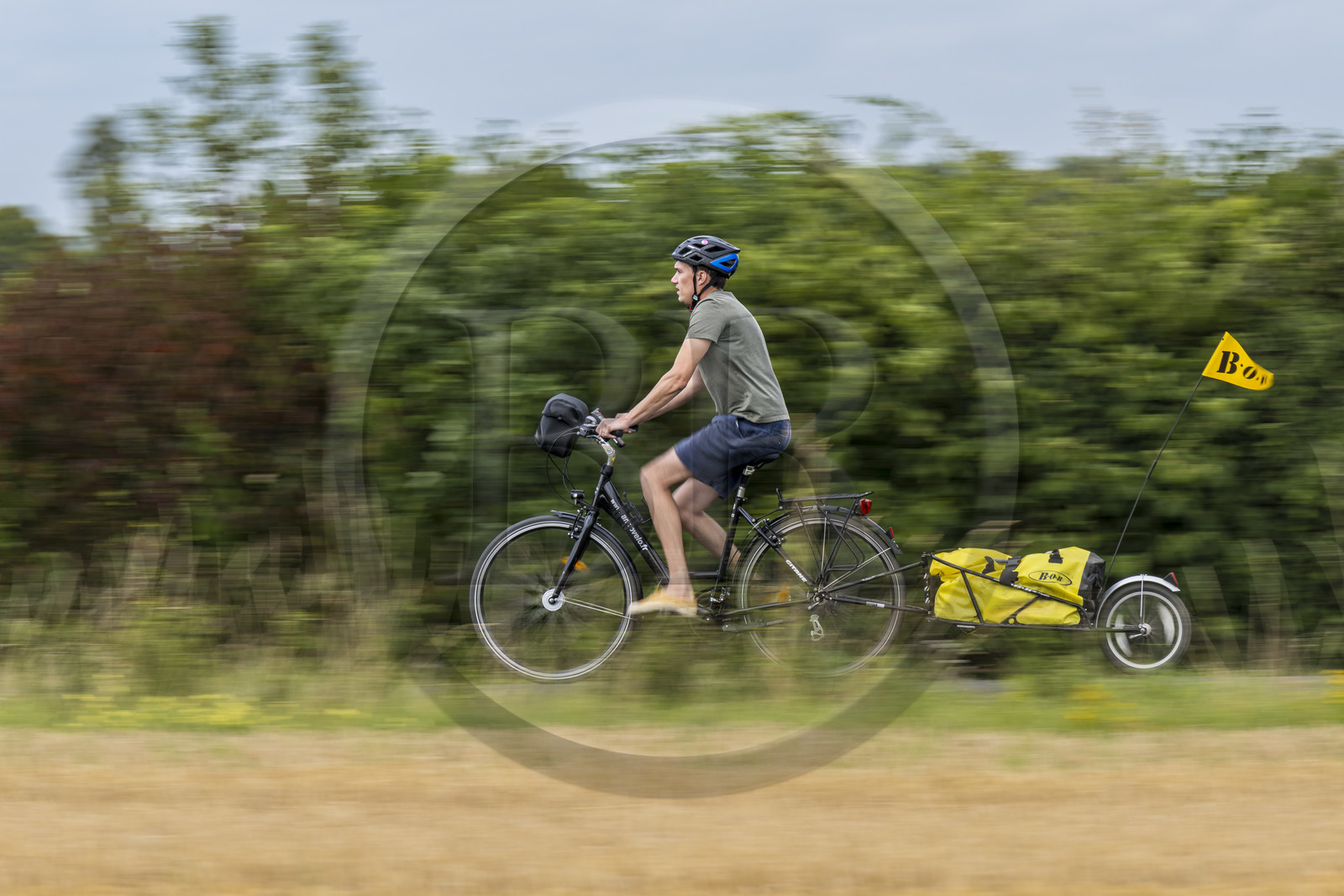 France, Maine-et-Loire (49), vallée de la Loire classée au Patrimoine Mondial par l'UNESCO, Saumur vers Saint-Hilaire, randonnée à bicyclette avec une remorque transportant le matériel de camping