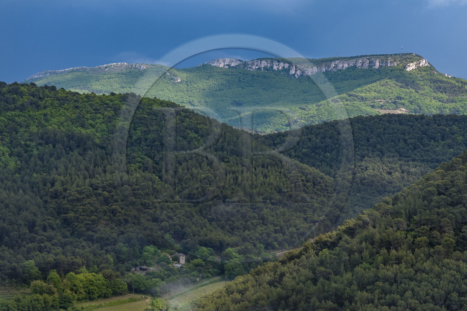 France, Vaucluse (84), Dentelles de Montmirail, Séguret, la crête de Saint-Amand vue du Sud en arrière plan (vue aérienne)