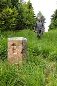 France, Vosges (88), chemin des passeurs au Donon sur la trace de la filière d'évasion du Rehtal, ancienne borne frontière avec un D pour Deutschland