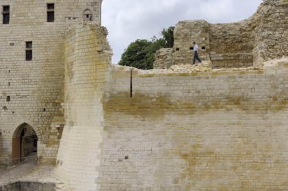 France, Indre et Loire (37), Vallée de la Loire classée Patrimoine Mondial de l' UNESCO, Chinon, le château, la Tour de l'Horloge et les remparts du château du milieu