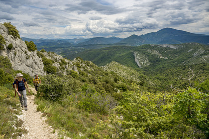 France, Vaucluse (84), Dentelles de Montmirail, randonneurs sur les crêtes de Saint-Amand à la Pousterle aussi appelé le Pas du Loup sur le GR 4, le Mont Ventoux en arrière plan