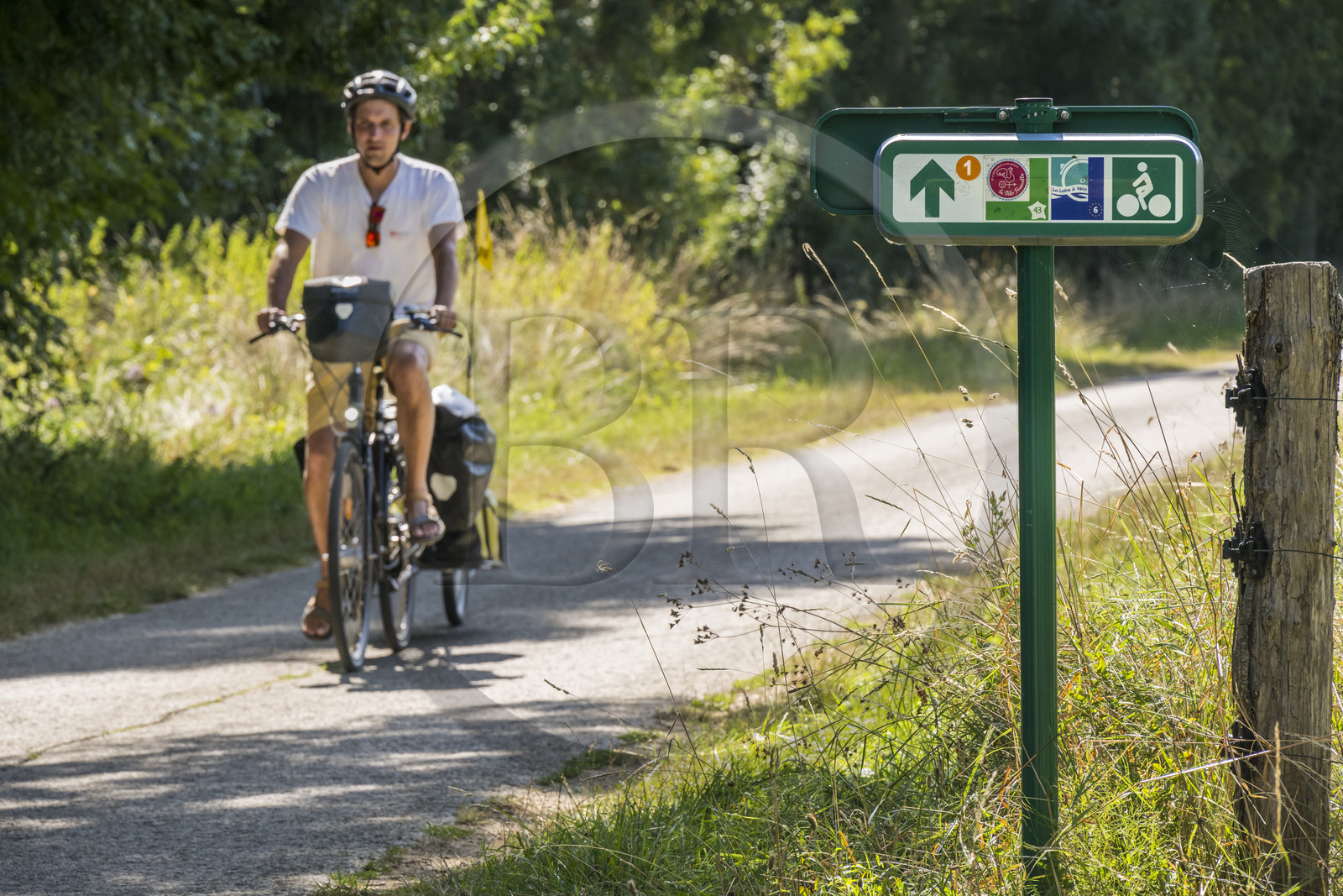 France, Maine-et-Loire (49), vallée de la Loire classée au Patrimoine Mondial par l'UNESCO, Saumur vers Saint-Hilaire, panneau de signalisation de La Loire à Vélo