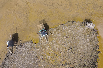 France, Charente-Maritime (17), Port-des-Barques, Ile Madame, cabanes sur pilotis appelées carrelets à marée basse (vue aérienne)