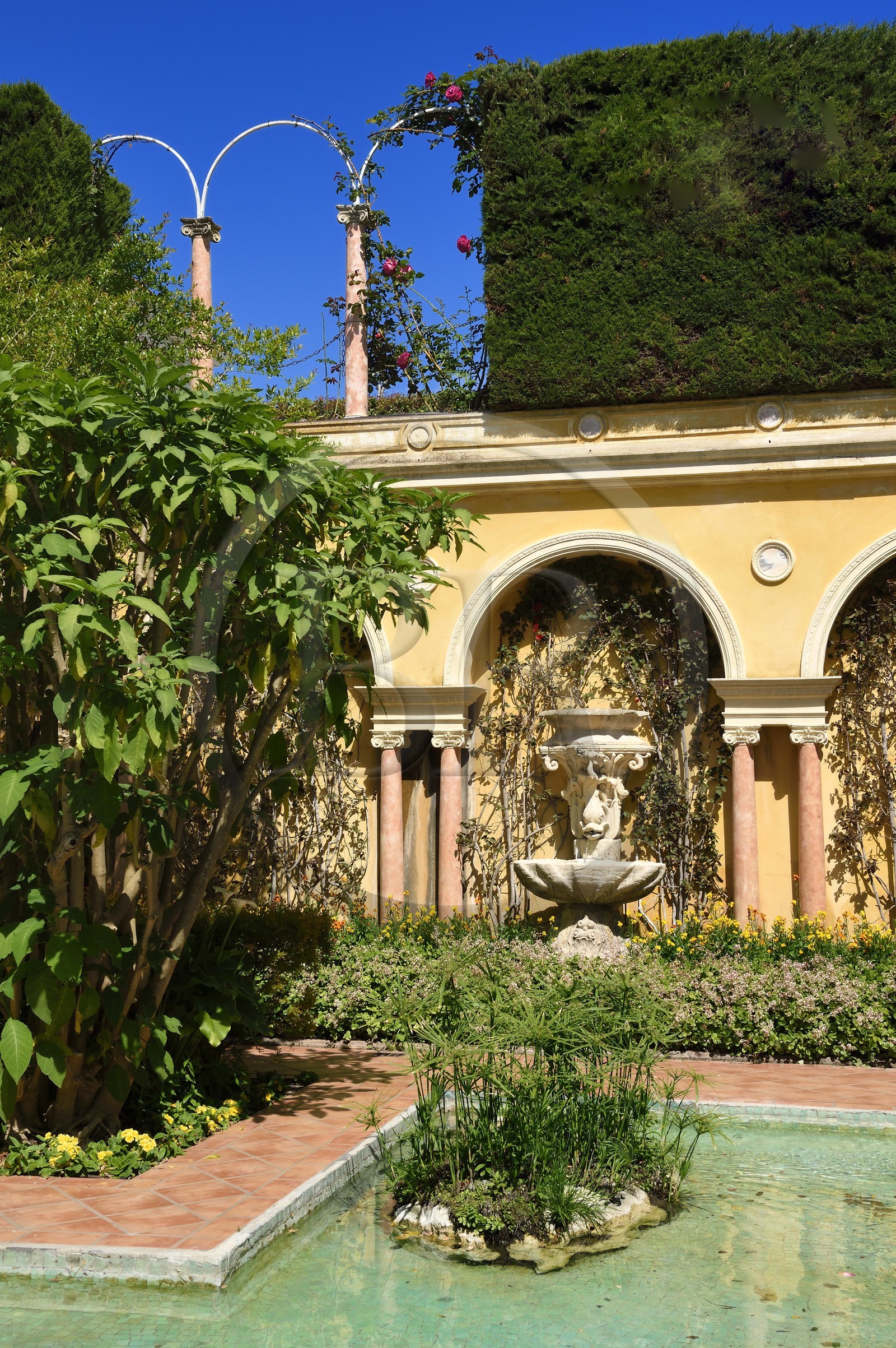 France, Alpes Maritimes (06), Saint-Jean-Cap-Ferrat, villa et jardins Ephrussi de Rothschild, jardin à la française et grand bassin avec jeux d'eau