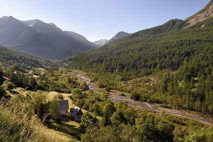 France, Alpes-de-Haute-Provence (04), Uvernet-Fours, massif du Mercantour, vallée de l'Ubaye, vallée de la Bachelard vers le col de la Cayolle (2326 m), la rivière Bachelard borde la route des Grandes Alpes