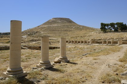 Israel, Cisjordanie, l'Hérodion, colline artificiellement exhaussée qui abrite les ruines d'un palais fortifié construit par le roi Hérode Ier le Grand (site classé Parc National), vestiges du palais de l'Hérodion inférieur et de son bassin