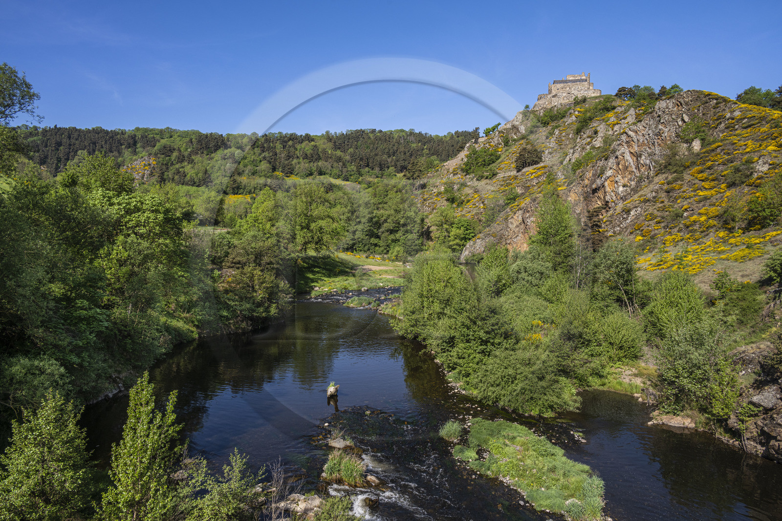 France, Haute-Loire (43), Goudet, le chateau de Beaufort construit vers 1200 domine la vallée de la Loire, randonnée avec un âne sur le chemin de Stevenson (GR 70)