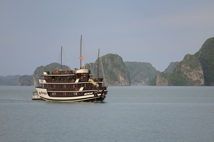 Vietnam, province de Quang Ninh, la Baie d'Halong classée Patrimoine Mondial de l'UNESCO, jonque de la compagnie de croisière Bahya