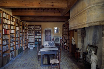 France, Vaucluse (84), Parc Naturel Regional du Luberon, Lourmarin, labellisé Les Plus Beaux Villages de France, le chateau des XVè et XVIè siècles Renaissance, grande cheminée et bibliothèque