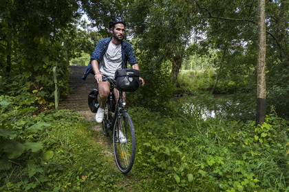 France, Deux-Sèvres (79), le Marais Poitevin, la Venise Verte, Le Vanneau-Irleau, randonnée à bicyclette le long des canaux et passage d'une passerelle