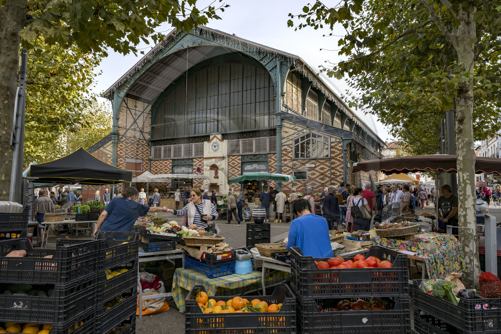 France, Pyrénées-Atlantiques (64), Pays-Basque, Saint-Jean-de-Luz, étal devant le marché couvert