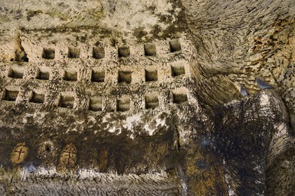 France, Dordogne (24), Brantôme, l'abbaye bénédictine Saint-Pierre de Brantôme, vestiges du premier monastère aménagé dans les grottes au pied de la falaise, un des nombreux pigeonniers troglodytiques présents dans ces grottes, ils attestent de la richesse de l'abbaye, Pigeon biset (Columba livia)