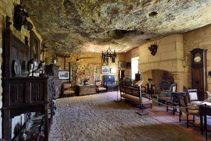 France, Dordogne (24), Périgord Noir, vallée de la Vézère, Tursac, maison fortifiée troglodytique de Reignac du XVIe siècle, le salon des ambassadeur (grand salon)