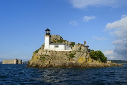 France, Finistère (29), baie de Morlaix, Carantec,  maison-phare de l'Ile Louet (aussi une maison d'hôtes en saison estivale) et le château du Taureau construit par Vauban au XVIIe siècle