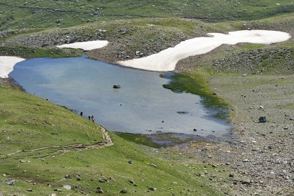 France, Alpes-de-Haute-Provence (04), Uvernet-Fours, parc national du Mercantour, vallée de l'Ubaye, col de la Cayolle (2326 m), sentier de randonnée qui grimpe à travers la pelouse alpine sur le circuit des lacs