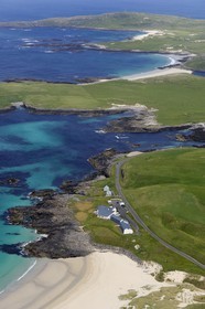Royaume-Uni, Ecosse, Hébrides extérieures, Ile de Barra, plages de la côte Ouest (vue aérienne)